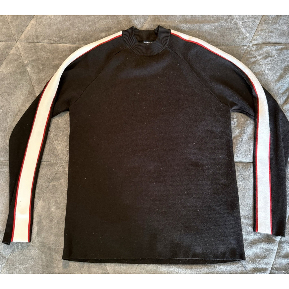 Forever 21 Sweater Mens Medium Black Pullover Mock Neck Long Sleeve Stripped